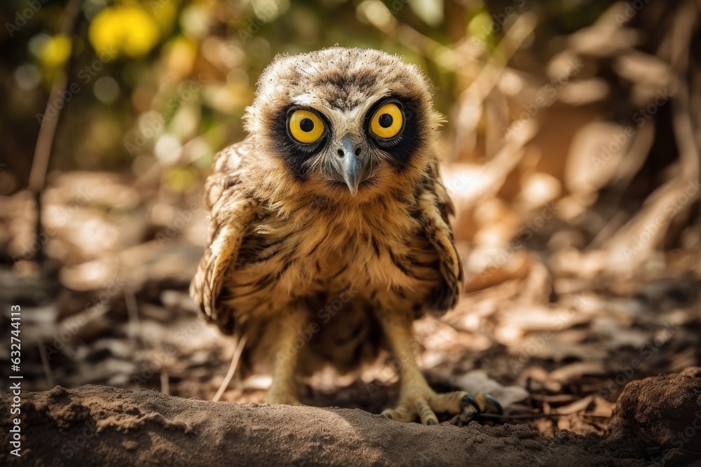 A newborn owl in its natural surroundings. gigantic yellow eye. The owl hooting in the woods. Generative AI A newborn owl in its natural surroundings. gigantic yellow eye. The owl hooting in the woods. Generative AI