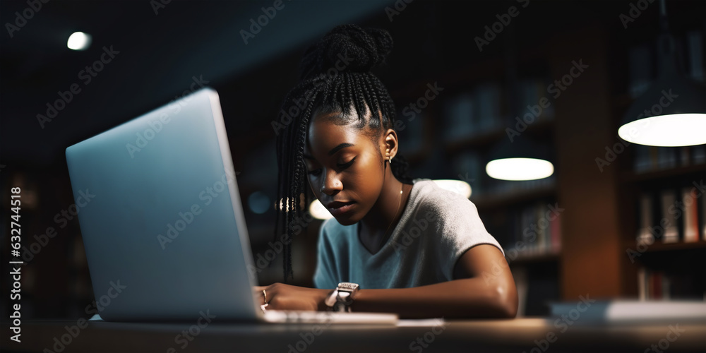 Young man with his laptop studying in the school library. Generative AI. Young man with his laptop studying in the school library. Generative AI.