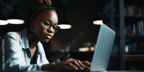 Young woman with his laptop studying in the school library. Generative AI.