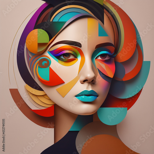 Abstract artwork that uses colorful overlapping shapes to create a portrait of a beautiful female. The look should be inspired by the unique painting styles . AI Generative