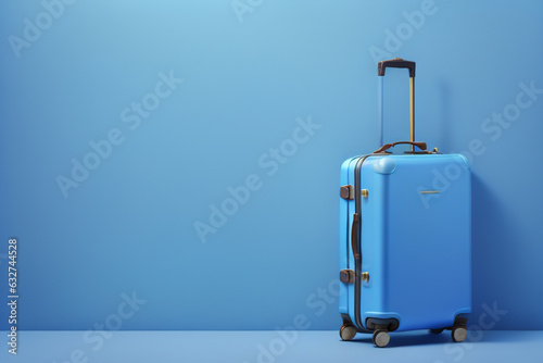 Traveler blue holiday journey suitcase vacation laggage trip travel background . AI Generative 