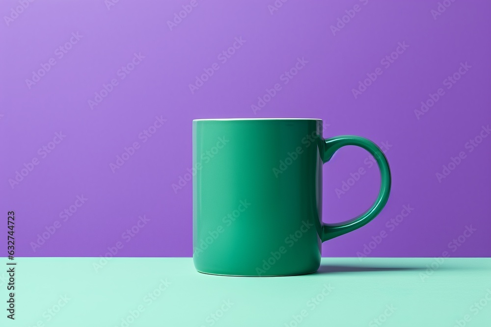 a simple photo of a coffee or tea mug on a solid color background, green and purple violet colors, negative space for text a simple photo of a coffee or tea mug on a solid color background, green and purple violet colors, negative space for text