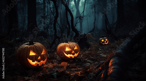 halloween background with Jack-o-Lanterns glowing at night in spooky scene © Melinda Nagy