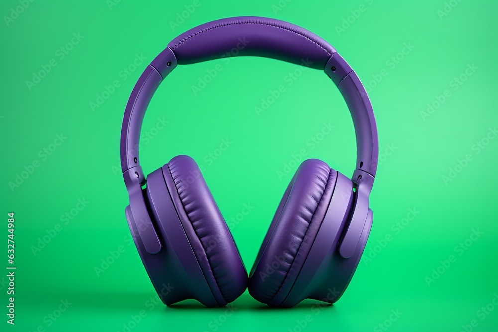 a studio photo of on-ear headphones on a solid color background, green and purple violet colors, negative space for text a studio photo of on-ear headphones on a solid color background, green and purple violet colors, negative space for text