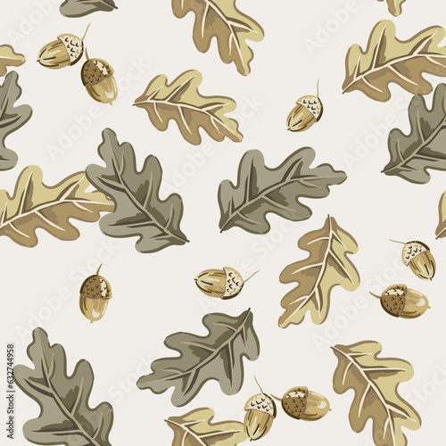 Autumn oak tree leaves, acorns, beige background. Vector seamless pattern. Fall season illustration. Forest nature design