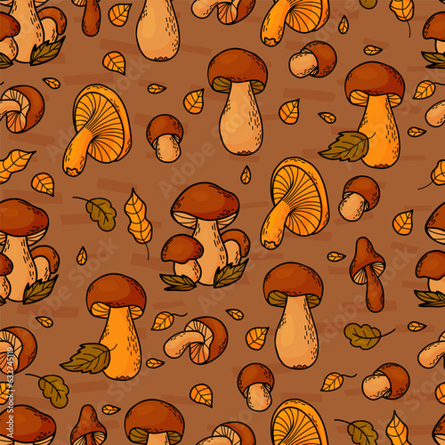 Seamless autumn pattern. Forest mushrooms with autumn leaves on brown background. Vector illustration in color doodle hand drawn style