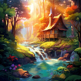 Sunrise in the middle of the forest. Wooden hut near the creek rapids. Generative AI.
