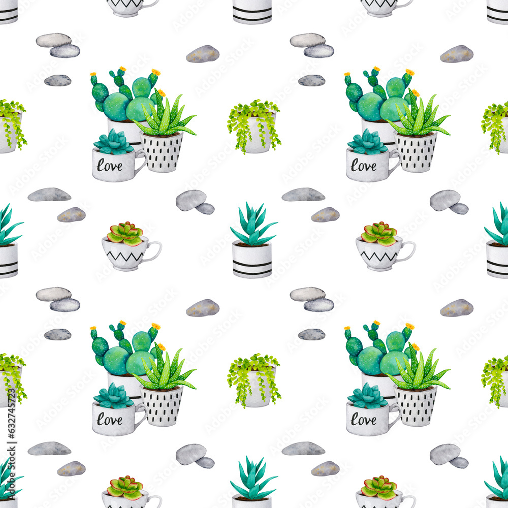 Seamless pattern with cacti and succulents in ceramic pots on a white background. Watercolor botanical ornament for packaging, wrapping, stationery, fabric, textile. Boho, scandinavian style..