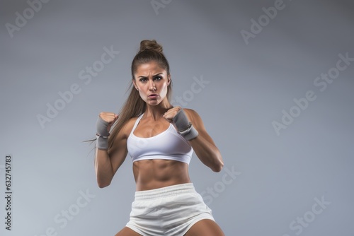 a strong sporty caucasian female athlete fighter in shorts and sport top posing in a studio, grey background