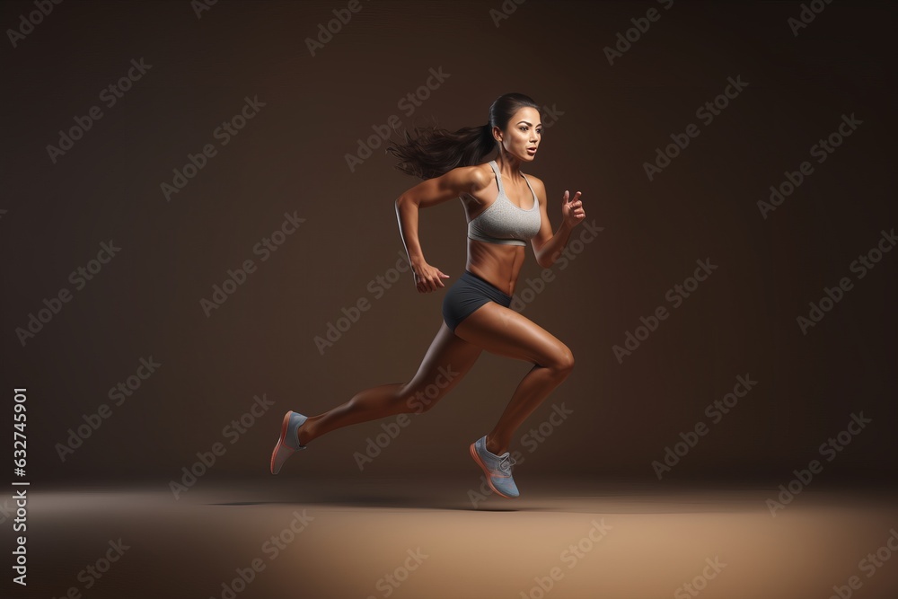 a strong sporty caucasian female athlete runner in shorts and sport top posing in a studio, beige background