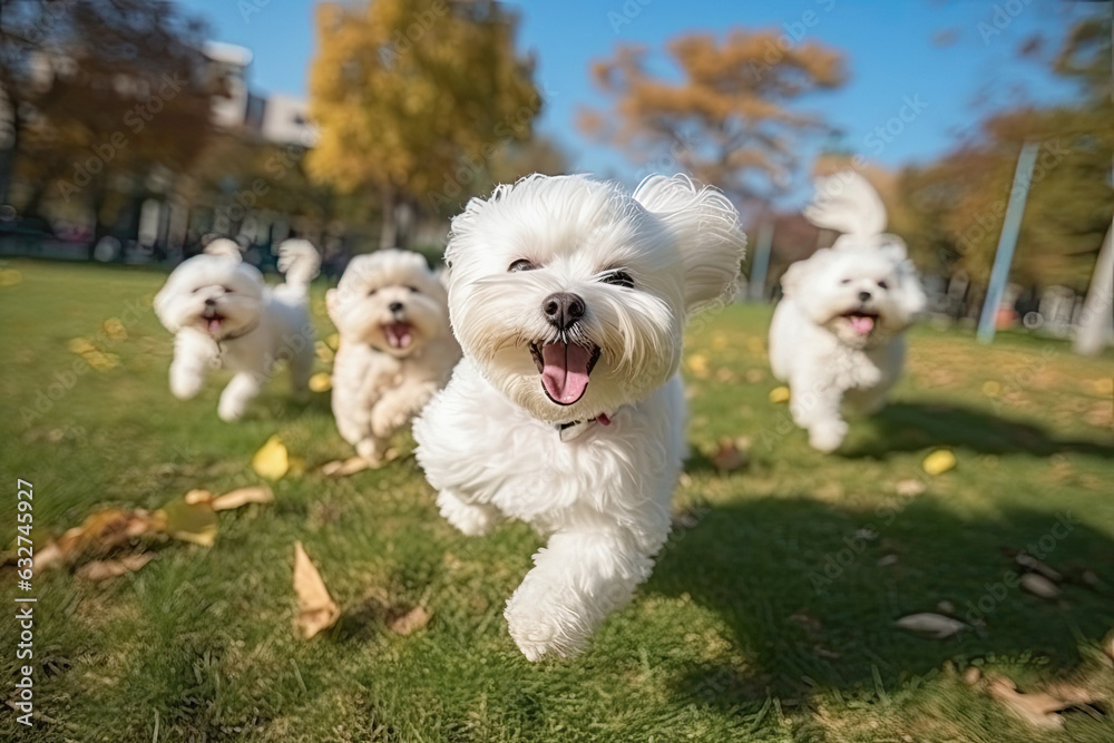 Group of puppies running and playing in the park, generative ai Group of puppies running and playing in the park, generative ai