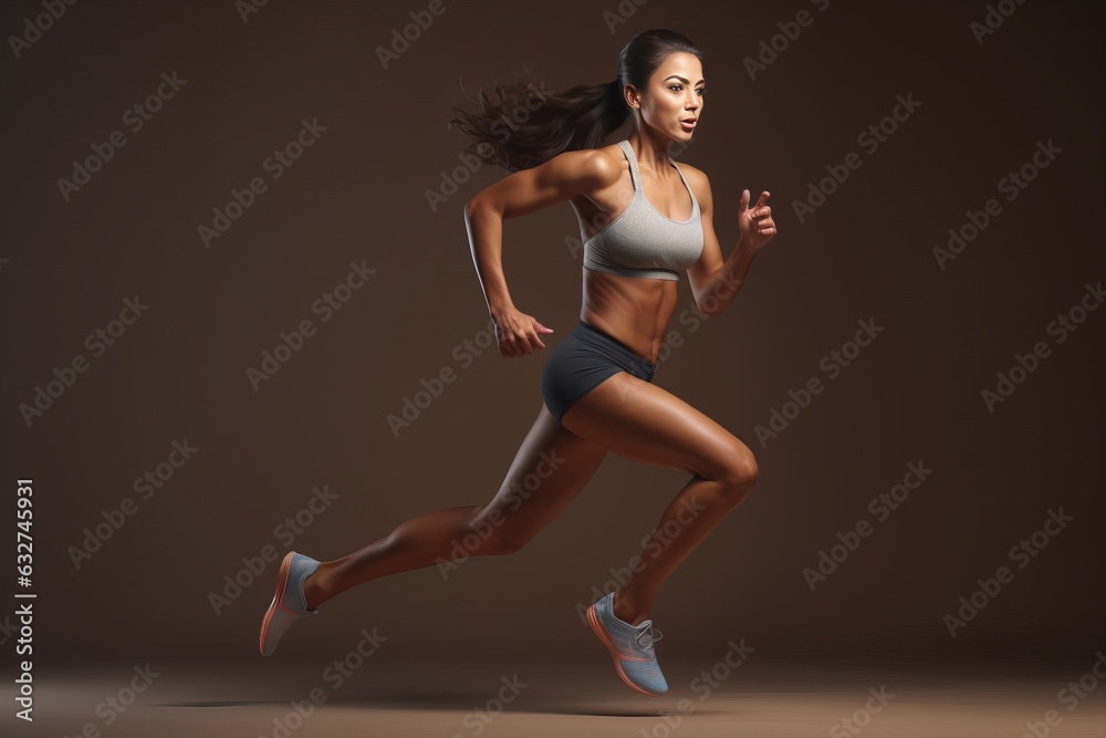 a strong sporty caucasian female athlete runner in shorts and sport top posing in a studio, beige background