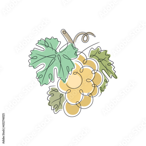 Continuous line yellow grape bunch drawing. A hand-drawn single line grape vector illustration. Grape abstract outline drawing. Part of set.