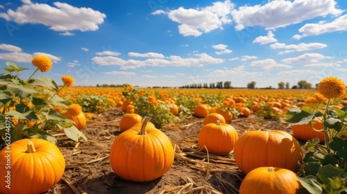 Photo of pumpkins in a field close-up of a pumpkin with a blurred background on which there are many pumpkins. Orange Halloween pumpkins. Halloween, harvest, thanksgiving.
