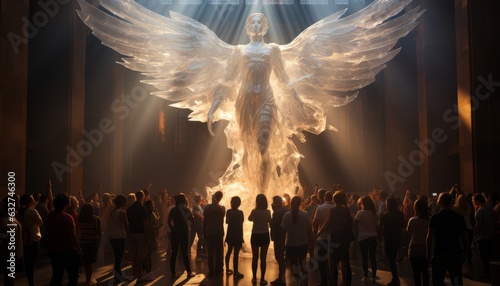 Fotografia A great statue of a holy angel with wings surrounded by believers, Christ is risen