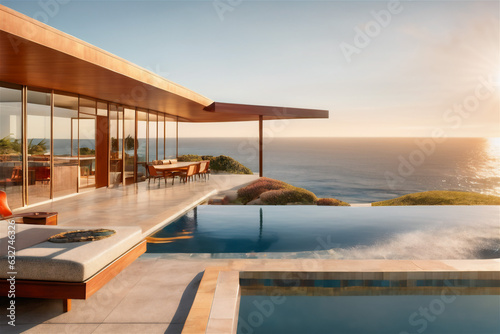 Modern luxury villa at sunset Private house with infinity pool © Frozen Design