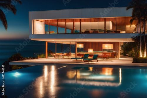 Modern luxury villa at sunset Private house with infinity pool © Frozen Design