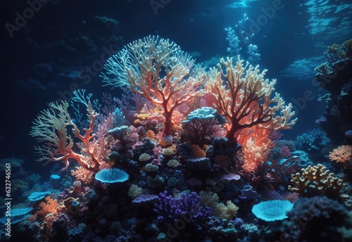 Underwater bioluminescence coral and reef at night