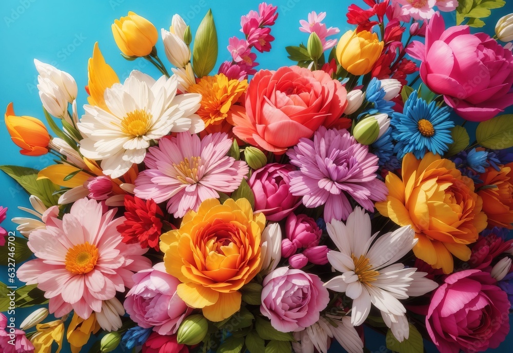 Spring banner colorful vibrant bouquet of various flowers