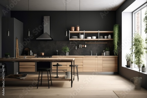 Scandinavian kitchen interior wall mock up, generative AI