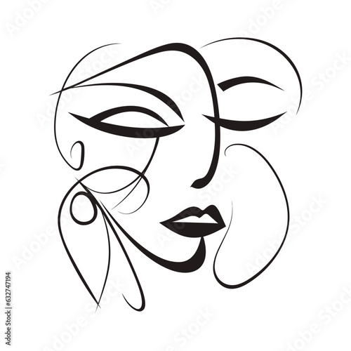 One line female face, mysterious elegant portrait, sketch style, inspired by Picasso art. Vector line art illustration