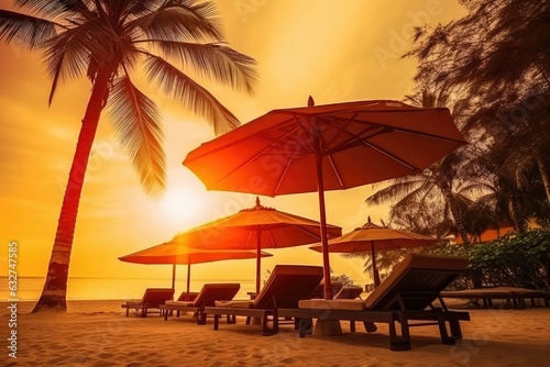 Sun beds and umbrella under palm tree. Tropical sunset, AI