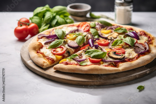 Vegan pizza on wooden board on light background. Whole grain flour vegetarian pizza with mushrooms, vegan cheese, cherry tomato, yellow sweet pepper, red onion & fresh basil. Pizza banner