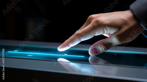 A hand pressing a button on a touchscreen interface.  photo