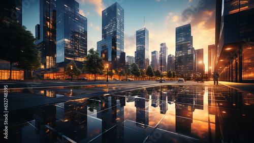 modern city with empty road and skyscrapers in the evening