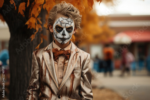 Elementary school-aged boy stands in Halloween costume and spooky makeup in front of school. Generated Ai