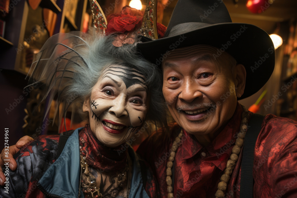 Biracial Senior couple dressed up in Halloween costume. A man and woman went to a Halloween party in spooky creations and make up. Dia de Muertos. Celebration of Mexico's Day of the Dead. Generated Ai Biracial Senior couple dressed up in Halloween costume. A man and woman went to a Halloween party in spooky creations and make up. Dia de Muertos. Celebration of Mexico's Day of the Dead. Generated Ai