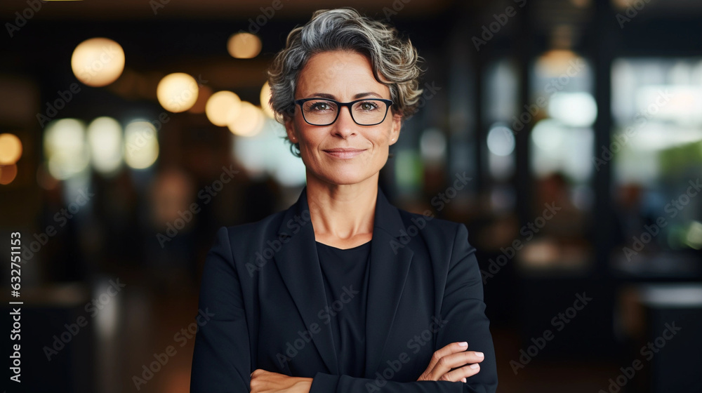 Fototapeta premium Happy middle aged business woman ceo standing in office arms crossed.