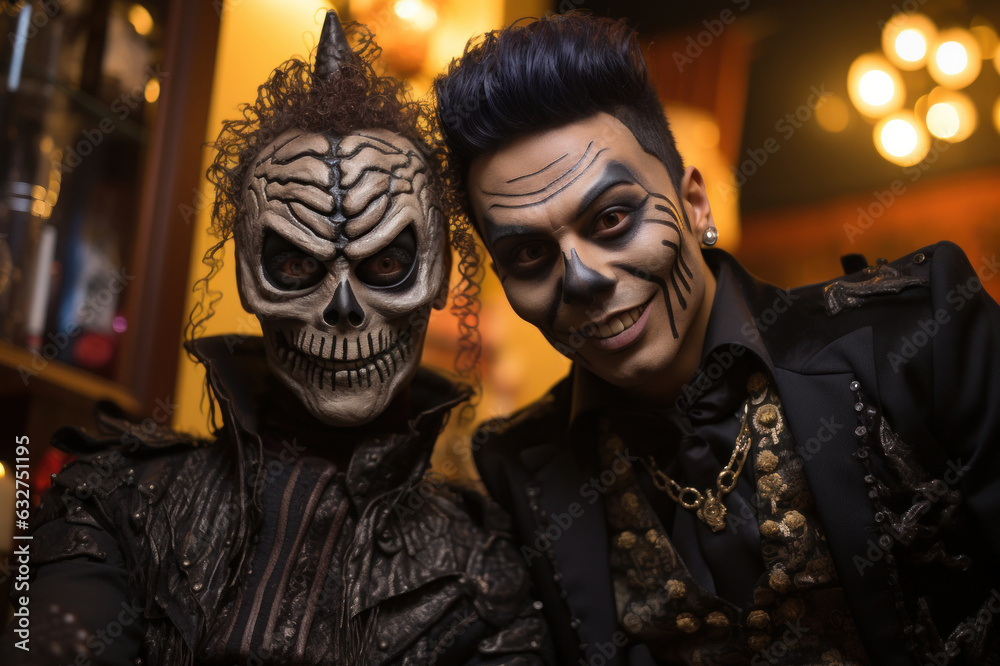 Middle-aged couple dressed up in Halloween costume. A man and woman went to a Halloween party in spooky creations and make up. Celebration of Mexico's Day of the Dead. Generated Ai