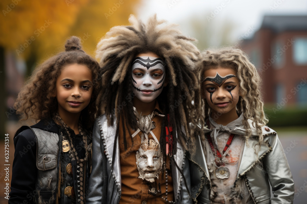 A group of kids of different nationalities of elementary school age at a Halloween party at school. Wide angle shot of kids in spooky disguises and makeup. Generated Ai A group of kids of different nationalities of elementary school age at a Halloween party at school. Wide angle shot of kids in spooky disguises and makeup. Generated Ai