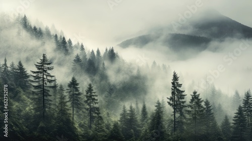 Foggy forest with pine trees and mountains in the background.