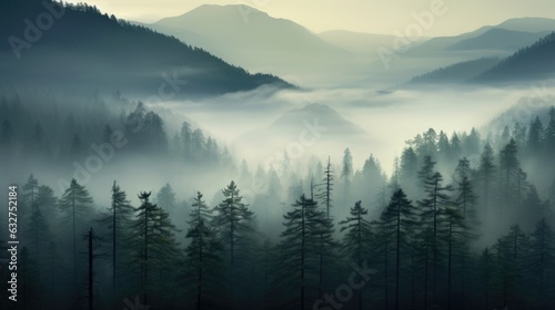 Foggy forest with pine trees and mountains in the background. © Sebastian Studio