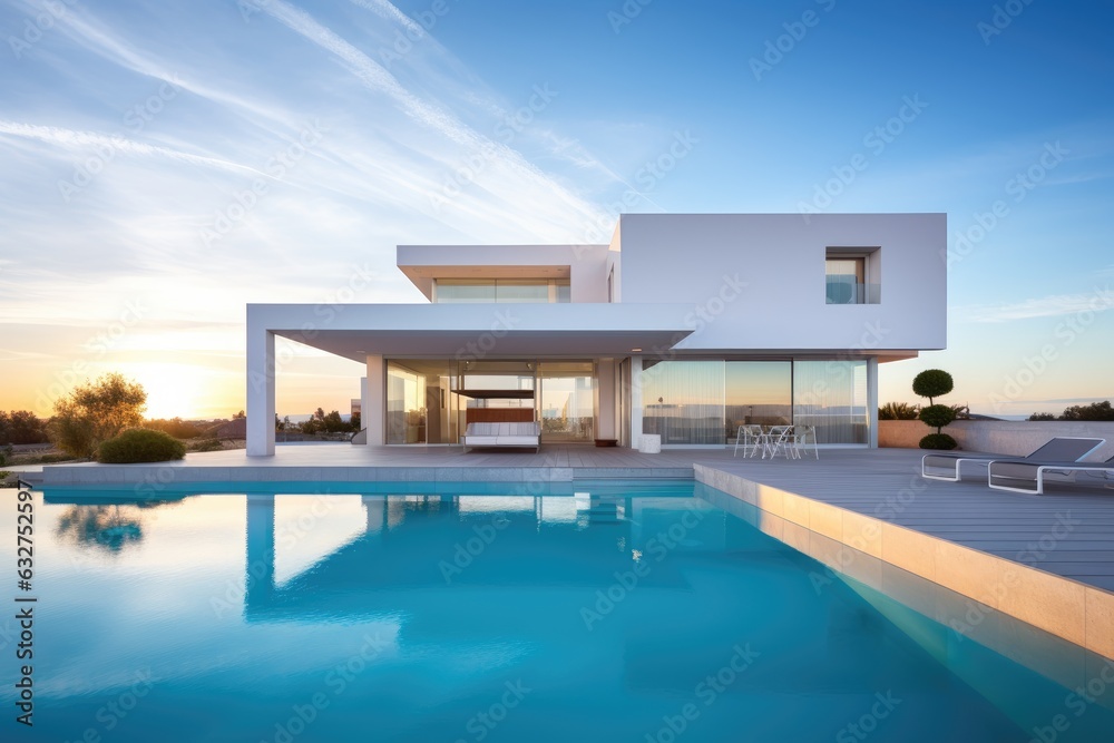 Modern white house with swimming pool at sunset.