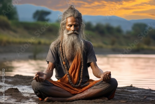 Indian Guru. Sadhu Meditation in front of a River.  Meditation. Yoga. A man with a long white beard sitting on a rock.  Old Indian Guru Meditation. Yoga Teacher. Guru. Background with a copy space.  photo