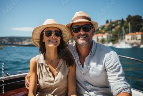 Couple in love sitting on yacht deck while sailing in the sea. Handsome man and beautiful woman having romantic date. Luxury travel concept.