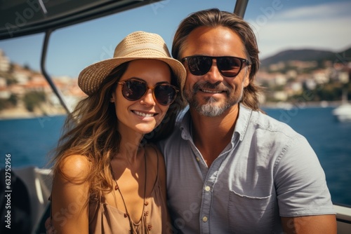 Couple in love sitting on yacht deck while sailing in the sea. Handsome man and beautiful woman having romantic date. Luxury travel concept. © aboutmomentsimages