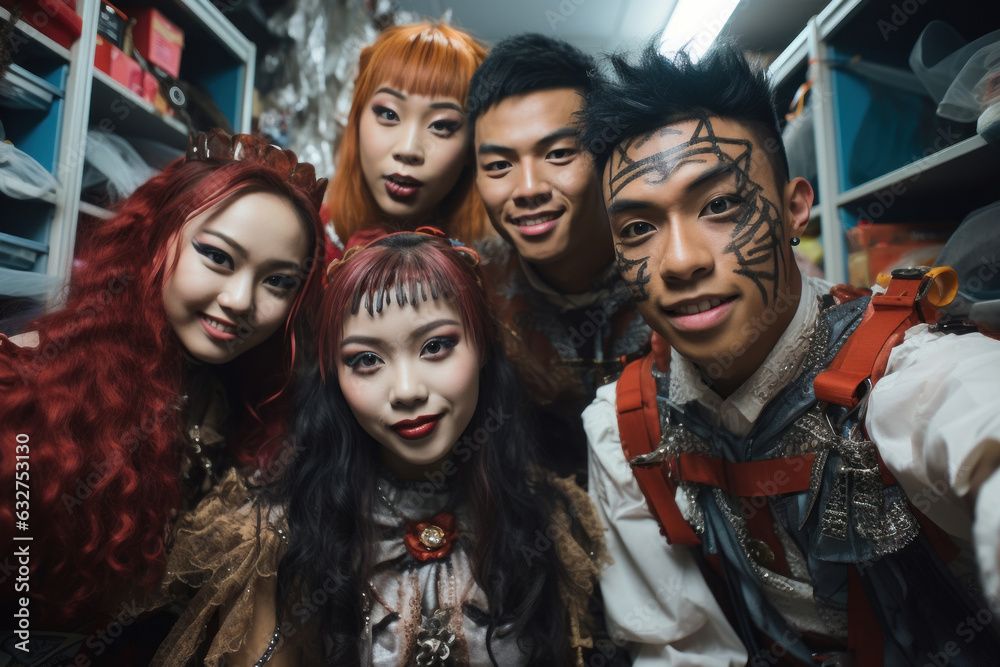 A group of different nationalities student friends at a Halloween party at school. Wide angle shot of people in spooky disguises and makeup. Generated Ai A group of different nationalities student friends at a Halloween party at school. Wide angle shot of people in spooky disguises and makeup. Generated Ai