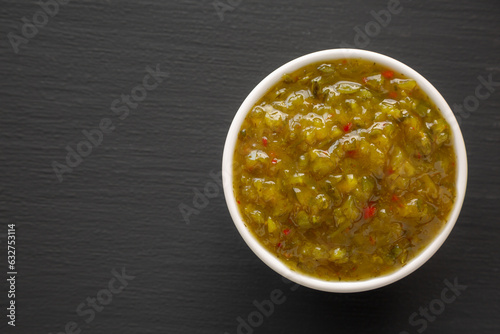Homemade Sweet Pickle Relish in a Bowl, top view. Flat lay, overhead, from above. Copy space.
