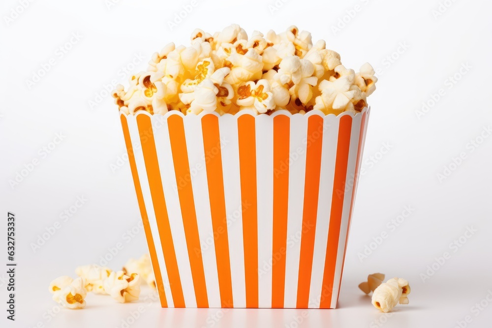 Striped carton bucket with tasty cheese popcorn, isolated on white background. Fast food, movies, cinema and entertainment concept.