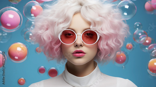 Portrait of young woman with white hair, pink futuristic sunglasses