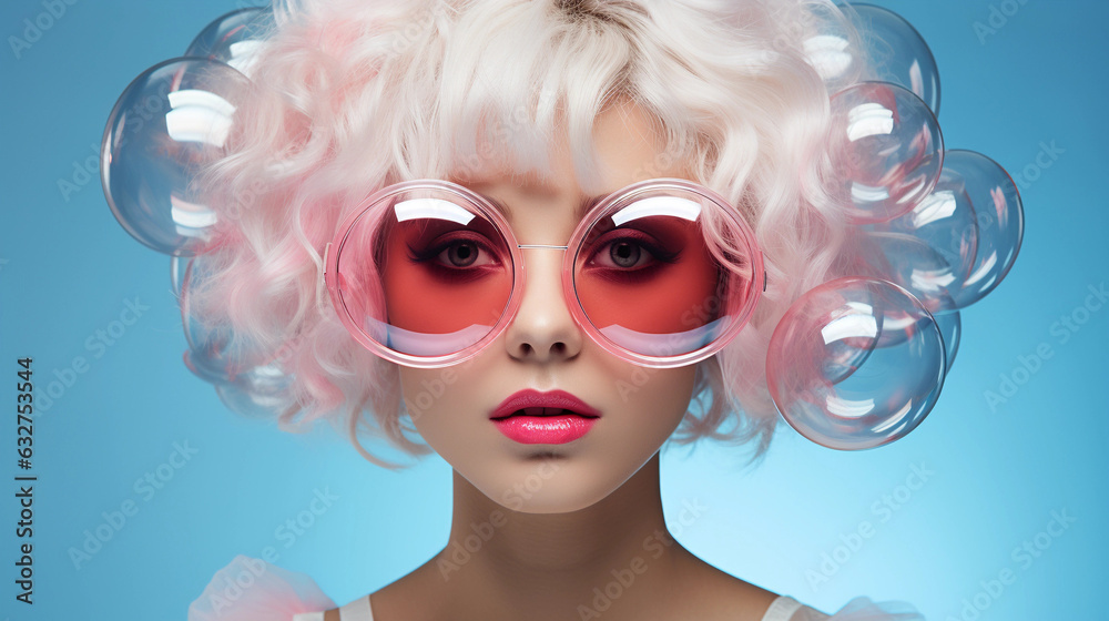 Portrait of young woman with white hair, pink futuristic sunglasses