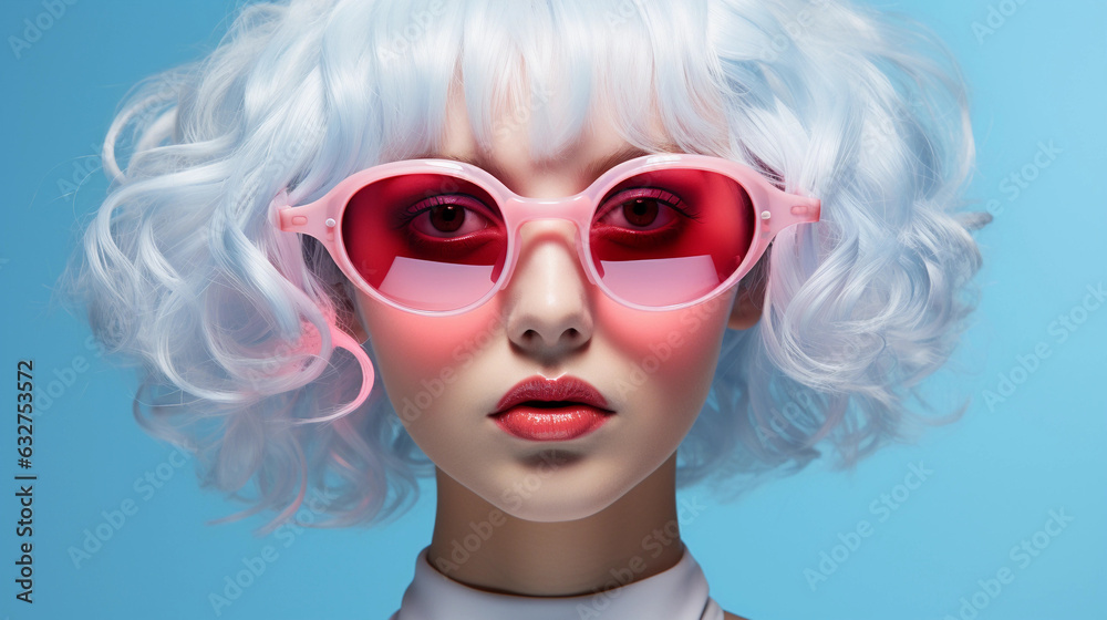 Portrait of young woman with white hair, pink futuristic sunglasses