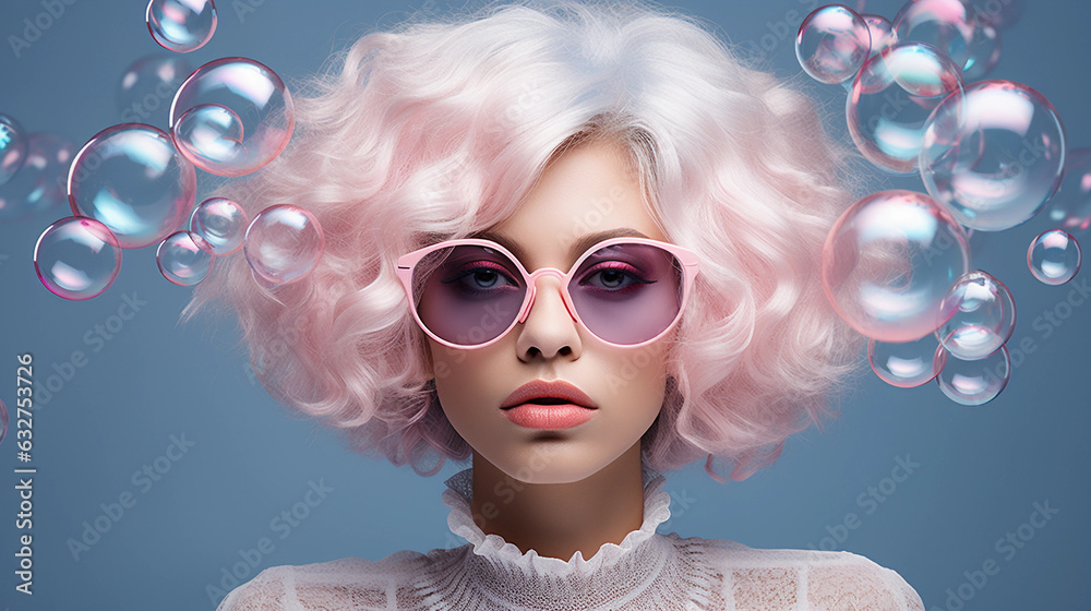 Portrait of young woman with white hair, pink futuristic sunglasses Portrait of young woman with white hair, pink futuristic sunglasses