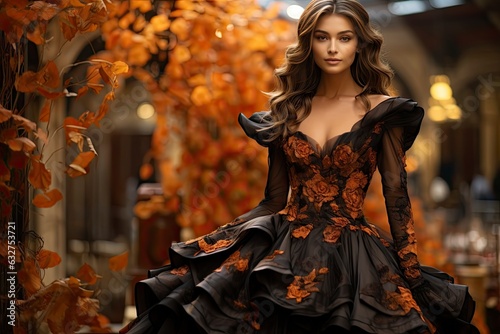 Gorgeous fictional woman dressed in a long black princess dress for Halloween.