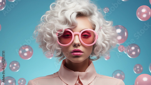 Portrait of young woman with white hair  pink futuristic sunglasses
