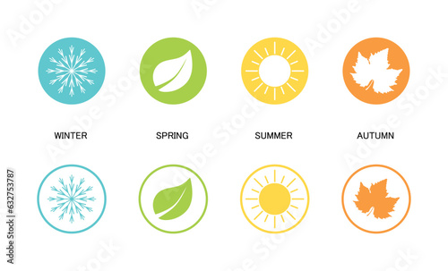 Set of colorful icons of seasons. Winter, spring, summer and autumn seasons icon collection. Flat style signs or symbols isolated. Snowflake, leaf, sun, autumn leaf. Vector illustration